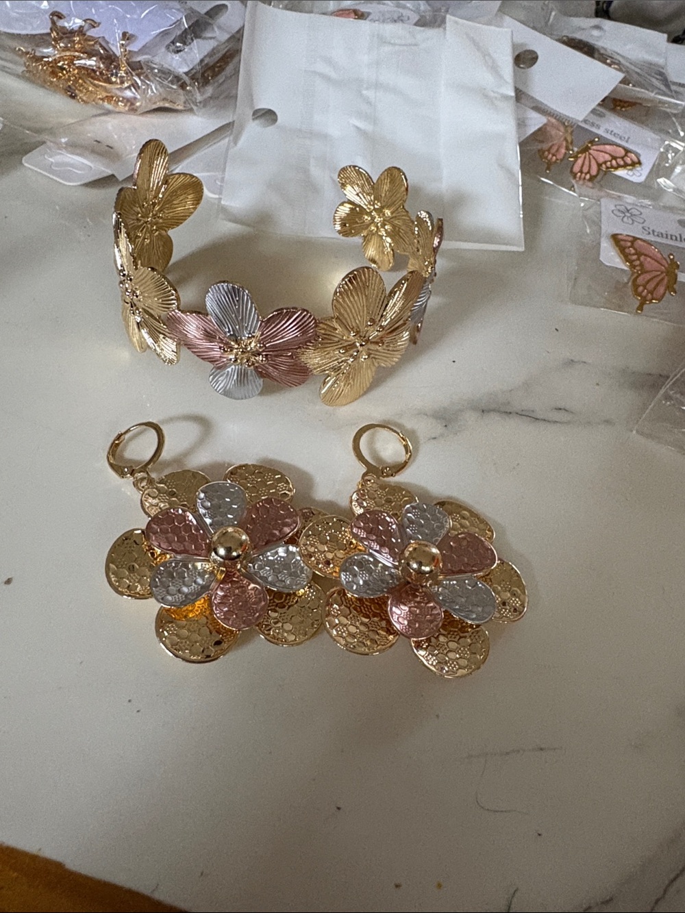Gold Trio-Tone Floral Cuff Bracelet and Earrings Set